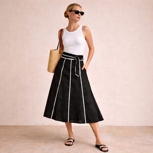 Linen Black and White A-Line Skirt🐈‍⬛